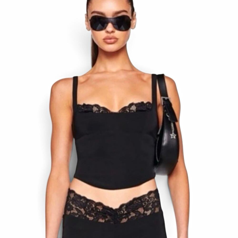 I.AM.GIA Parissa Black Lace Trim Corset Bustier Tank Top w/side zip Size XXS